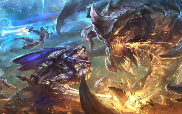 HD desktop wallpaper featuring intense battle scenes from League of Legends, showcasing characters like Cho'gath, Rengar, Garen, Lux, Xerath, Lucian, VI, and Jinx in a vibrant video game artwork.