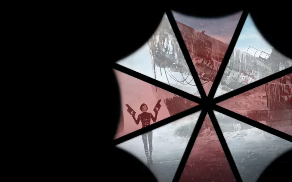 HD PC desktop wallpaper featuring a fragmented umbrella logo with scenes from the movie Resident Evil: Retribution in each segment.
