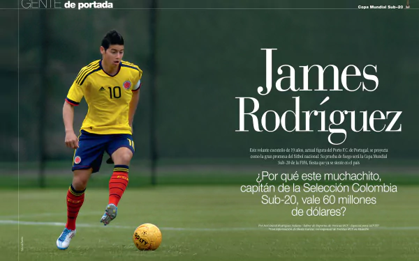 HD desktop wallpaper featuring James Rodriguez in Colombia's soccer kit, running on the field with a football at his feet.