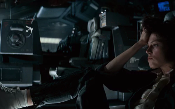 HD desktop wallpaper featuring Sigourney Weaver in a contemplative pose inside the spaceship from the movie Alien.