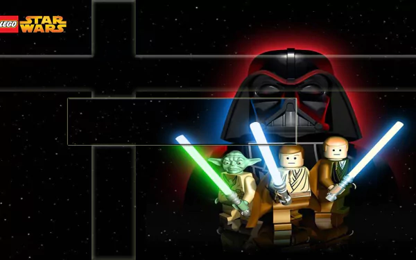HD PC wallpaper from the video game LEGO Star Wars III: The Clone Wars showing LEGO Yoda and Darth Vader minifigures wielding glowing lightsabers against a starfield backdrop.
