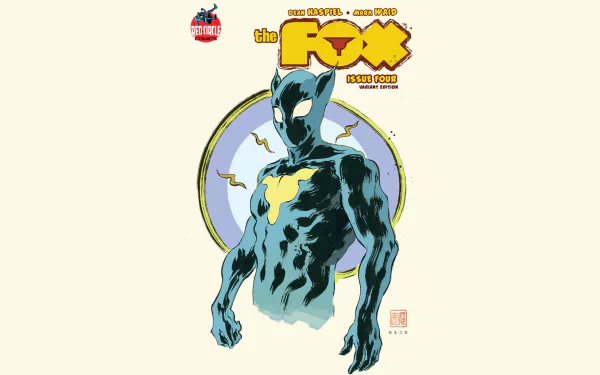 Comic-style The Fox cover: muscular blue-black anthropomorphic fox with a yellow chest emblem standing before a pale circular halo — HD PC desktop wallpaper and background.