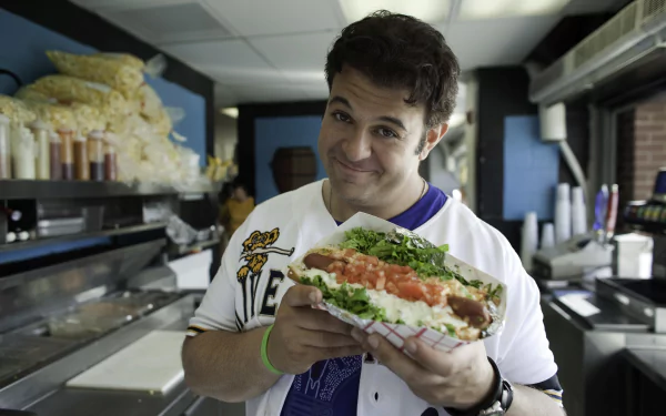 HD desktop wallpaper of Man v. Food featuring a man holding a large sandwich with a delighted expression.