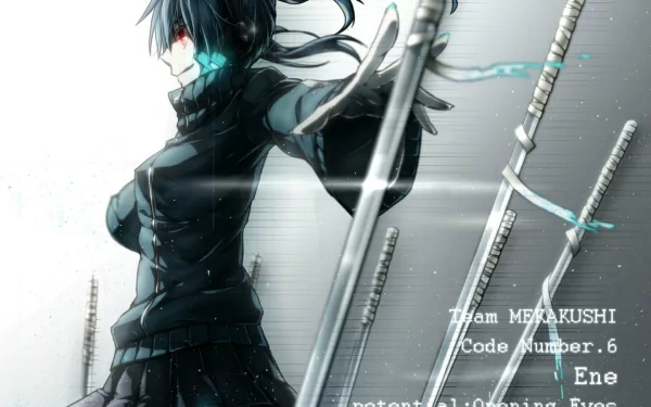Ene from Kagerou Project stands confidently with her trademark glow, surrounded by swords, set against a dynamic backdrop, creating an engaging HD desktop wallpaper.