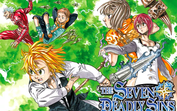 HD desktop wallpaper featuring characters from the anime The Seven Deadly Sins, showcasing them in dynamic action poses against a vibrant green background.