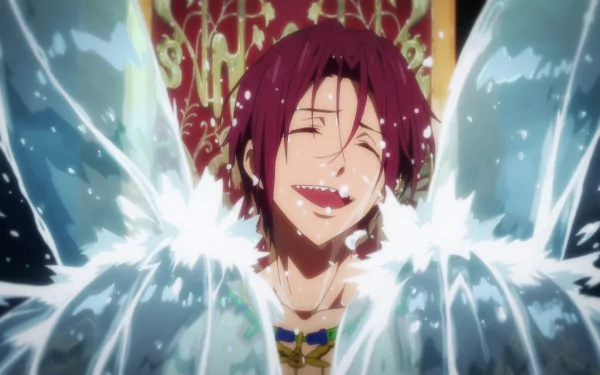 HD anime desktop wallpaper featuring Rin Matsuoka from Free!, smiling with water splashing around him against a dark background.