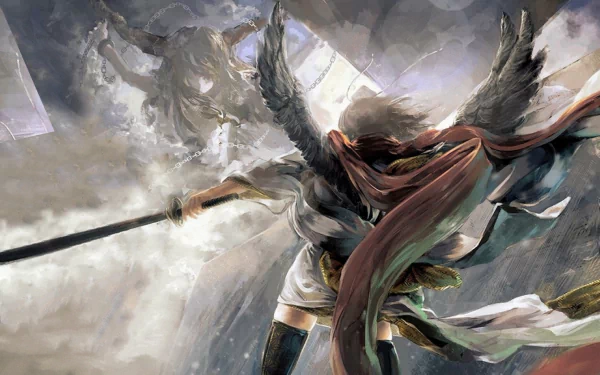 HD PC desktop wallpaper featuring dynamic anime-style characters Aya Shameimaru and Suika Ibuki from the Touhou series in a dramatic, ethereal battle scene.