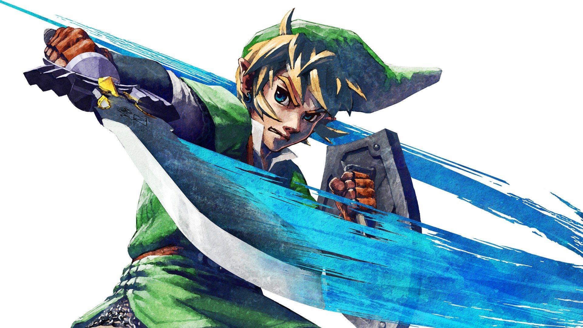 HD PC desktop wallpaper featuring Link from the video game The Legend of Zelda: Twilight Princess wielding a sword with dynamic blue energy effects.
