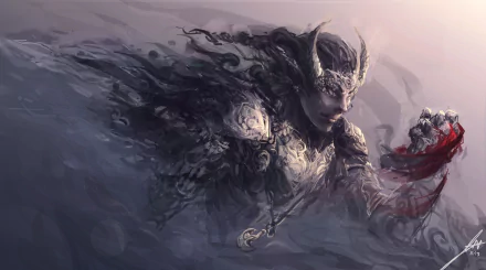 A fierce fantasy warrior emerges from swirling shadows, clad in ornate armor, holding a bloodied sword, capturing the essence of epic battles in this HD background.