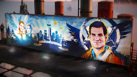 A vibrant mural from inFAMOUS: Second Son featuring characters against an urban skyline, set in a HD PC desktop wallpaper format, showcasing the game's artistic style and atmosphere.