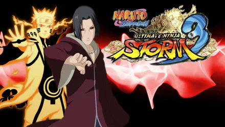 HD PC desktop wallpaper featuring characters Naruto and Itachi from the video game Naruto Shippuden: Ultimate Ninja Storm 3 with the game logo in vibrant colors.