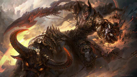 A powerful fantasy warrior clad in intricate armor stands poised for battle, wielding chains and accompanied by a fierce beast, set against a dramatic, fiery backdrop.