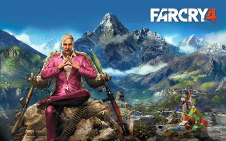 HD desktop wallpaper featuring a character from the video game Far Cry 4 sitting on a rock amidst a mountainous landscape, with the game's logo in the top right corner.
