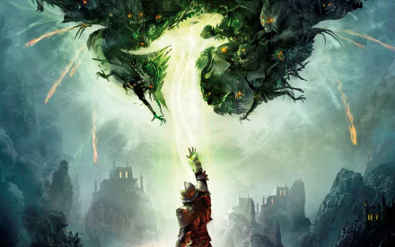 A striking HD wallpaper from Dragon Age: Inquisition, featuring a heroic figure conjuring magic against a backdrop of menacing creatures and a dramatic, otherworldly sky.