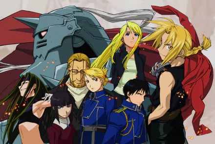 A vibrant HD wallpaper featuring characters from Fullmetal Alchemist, including Riza Hawkeye, Roy Mustang, Van Hohenheim, Envy, Winry Rockbell, Alphonse, and Edward Elric.