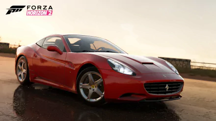 HD PC desktop wallpaper featuring a red Ferrari from the video game Forza Horizon 2 at sunset on a wet road.