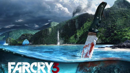 Tropical landscape with turquoise water and mountains under dramatic clouds, featuring a blood-stained knife. Inspired by the video game Far Cry 3, this HD wallpaper captures adventure and intensity.