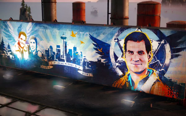 A vibrant mural from inFAMOUS: Second Son featuring characters against an urban skyline, set in a HD PC desktop wallpaper format, showcasing the game's artistic style and atmosphere.