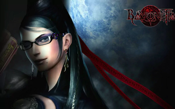 HD PC desktop wallpaper featuring Bayonetta, the video game character, with a dark, mysterious background and the Bayonetta logo.