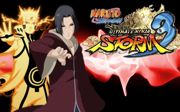 HD PC desktop wallpaper featuring characters Naruto and Itachi from the video game Naruto Shippuden: Ultimate Ninja Storm 3 with the game logo in vibrant colors.