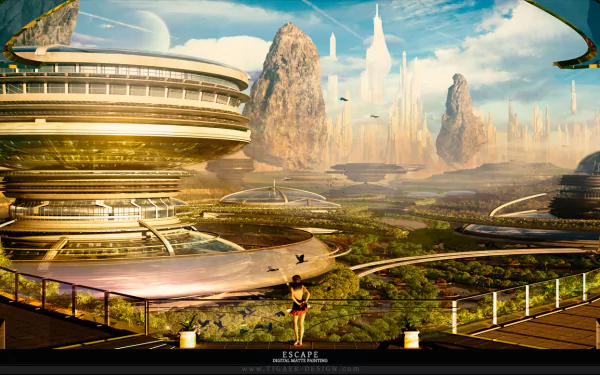 A futuristic sci-fi cityscape featuring sleek towers and lush landscapes, showcasing advanced architecture against a stunning horizon of mountains and technologies.