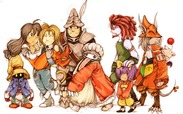 HD desktop wallpaper featuring characters from Final Fantasy IX, illustrated in a colorful, whimsical style.