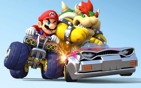 HD desktop wallpaper of Mario Kart 8 depicting Mario racing against Bowser.
