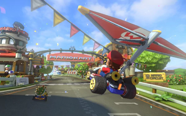 HD desktop wallpaper of Mario Kart 8 featuring Mario racing with a glider attachment in a colorful track setting.