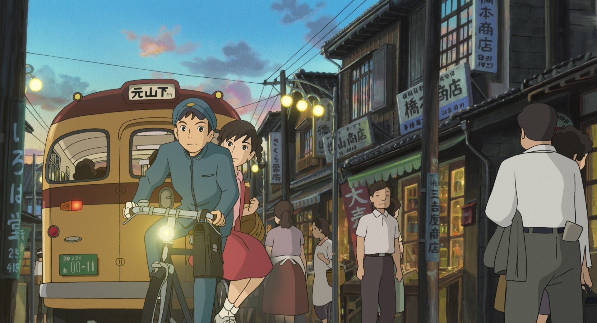 HD desktop wallpaper featuring characters from From Up On Poppy Hill in a bustling street scene at dusk.