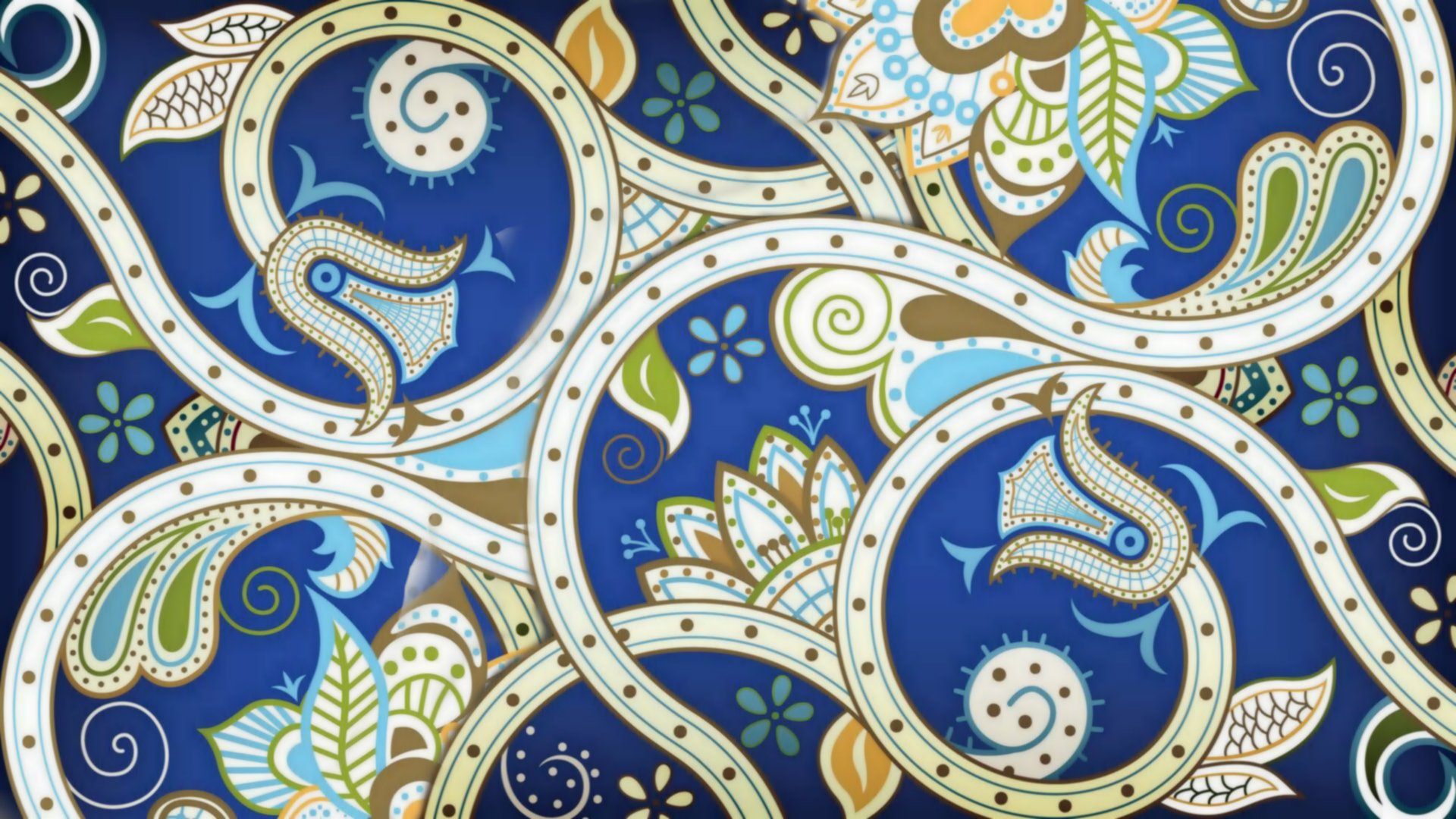 HD PC desktop wallpaper featuring an abstract pattern with intricate swirls, floral motifs, and bird shapes in blue, white, gold, and green tones.