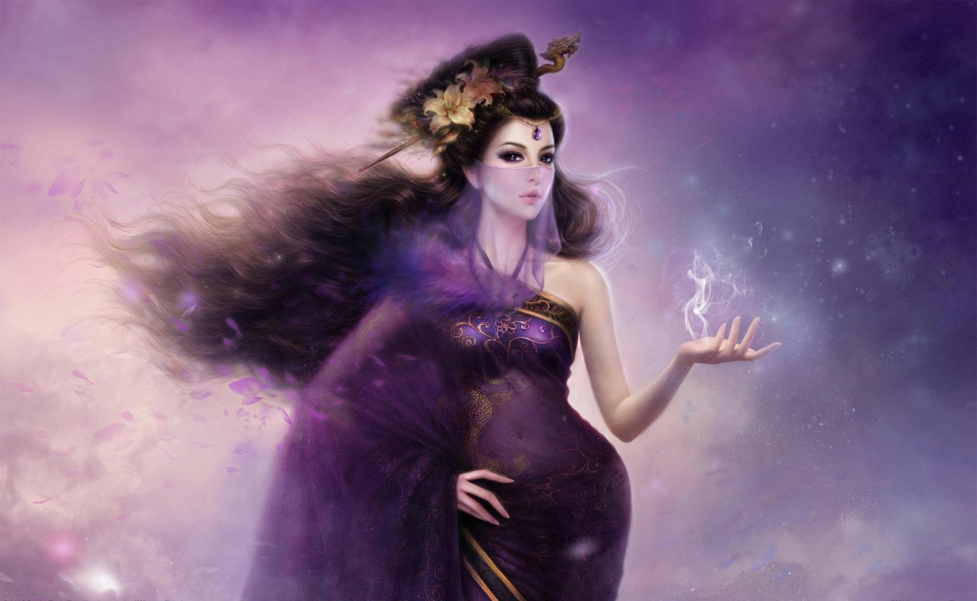 Fantasy HD PC desktop wallpaper by Ruoxing Zhang features a mystical woman in flowing dark attire, surrounded by ethereal purple and blue smoke.