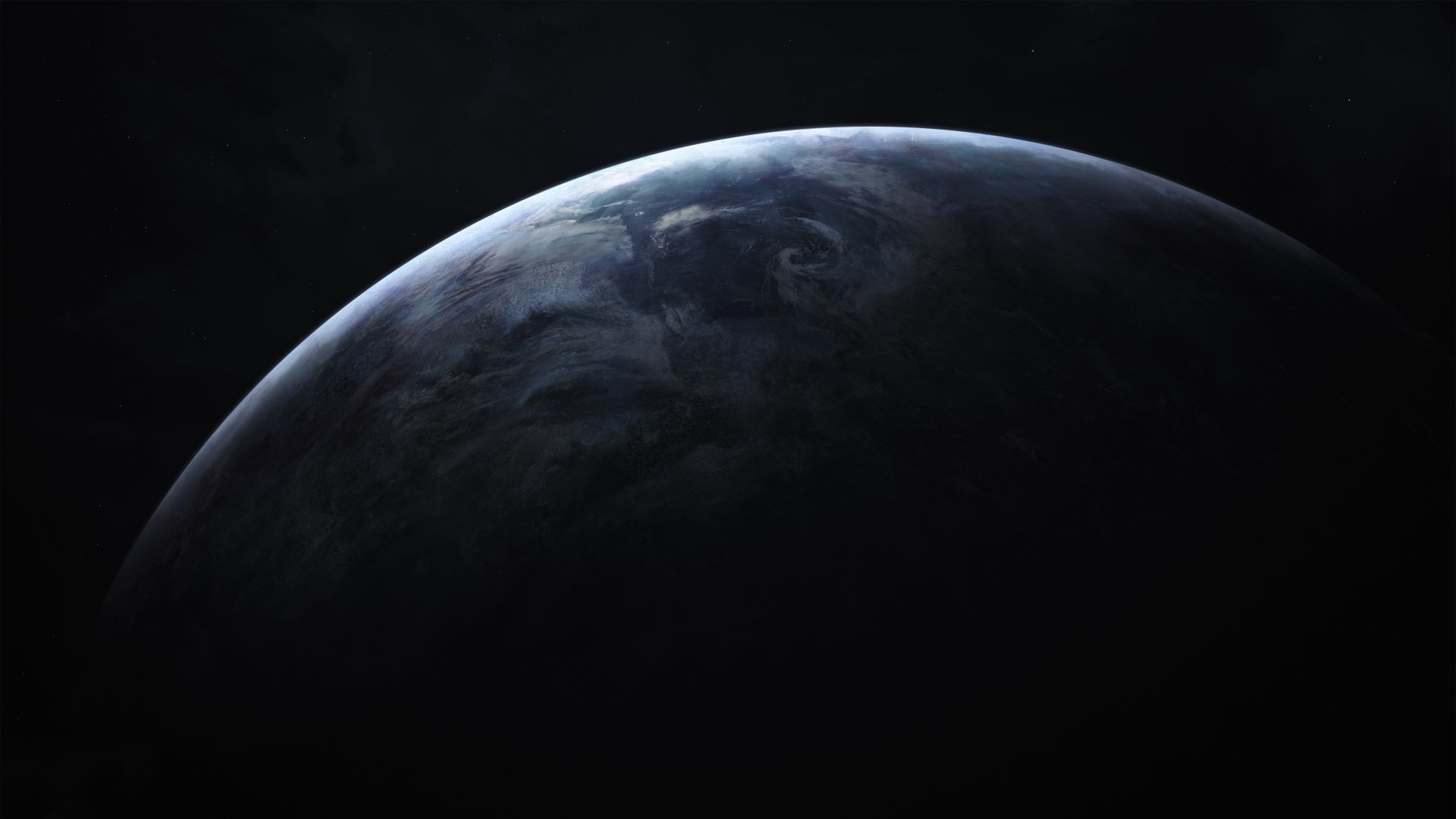 A Sci-Fi HD desktop wallpaper showing a dark, mysterious planet partly illuminated, set against a deep black background.