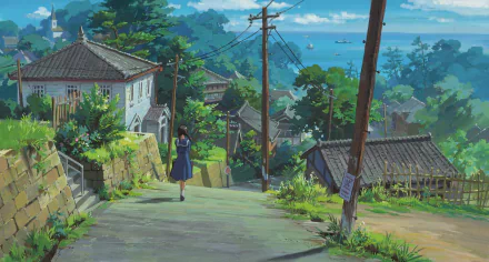 HD desktop wallpaper from From Up On Poppy Hill featuring a girl walking down a quaint street with a scenic view of the ocean and greenery.