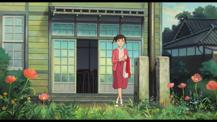 HD desktop wallpaper from From Up On Poppy Hill featuring a female character standing by a house surrounded by poppies.