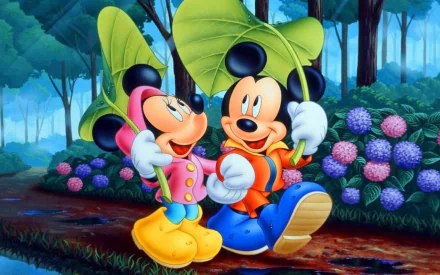 Minnie Mouse and Mickey Mouse share a joyful moment under large leaves, surrounded by vibrant flowers in a lush forest, creating a charming Disney movie scene. An HD desktop wallpaper.