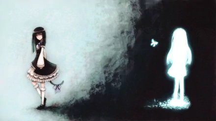 A dark, atmospheric HD wallpaper featuring a vampire character from Umineko: When They Cry, alongside a glowing figure and a butterfly, blending fantasy with intrigue.