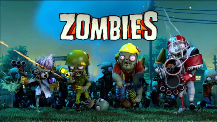 HD desktop wallpaper featuring Foot Soldier Zombie, Engineer Zombie, All-Star Zombie, and Scientist Zombie from the video game Plants vs. Zombies: Garden Warfare. The word Zombies is prominently displayed above.