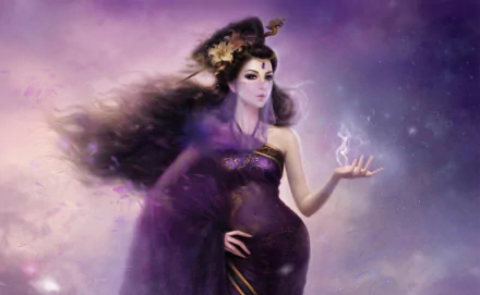 Fantasy HD PC desktop wallpaper by Ruoxing Zhang features a mystical woman in flowing dark attire, surrounded by ethereal purple and blue smoke.
