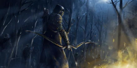 A hooded archer stands in a misty, dark forest under moonlight, from the video game The Elder Scrolls Online, rendered in 4K Ultra HD for PC desktop wallpaper.