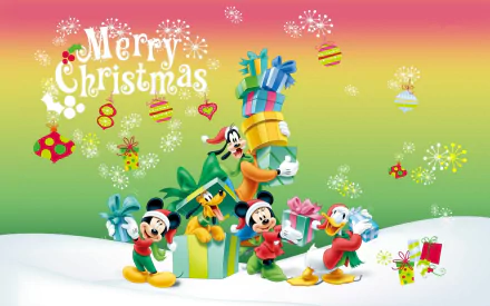 HD Disney movie wallpaper featuring Mickey Mouse, Minnie, Goofy, Pluto, and Donald celebrating Christmas with colorful gifts and festive decorations on a snowy background.