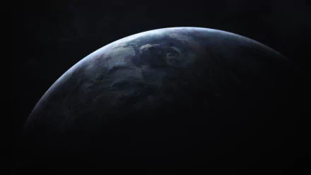 A Sci-Fi HD desktop wallpaper showing a dark, mysterious planet partly illuminated, set against a deep black background.