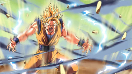HD PC desktop wallpaper featuring Goku in his Super Saiyan form from the video game Dragon Ball Z: Ultime Menace, surrounded by energy and debris.