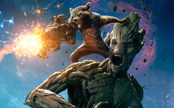 HD desktop wallpaper of Rocket Raccoon and Groot from Guardians of the Galaxy, set against a cosmic background.