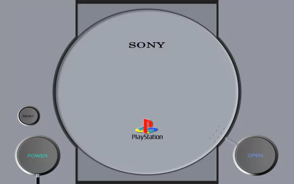 A sleek HD PC desktop wallpaper featuring the iconic PlayStation console, showcasing its classic design with the Sony logo and colorful PlayStation emblem.