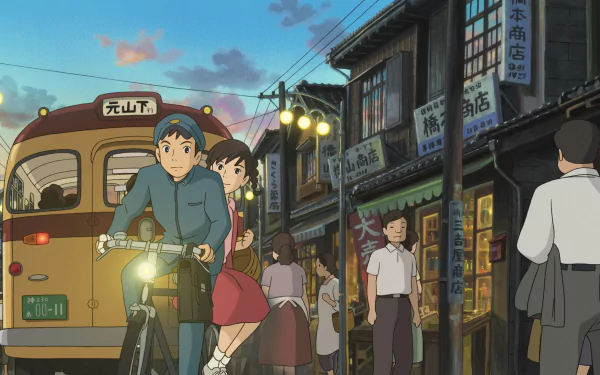 HD desktop wallpaper featuring characters from From Up On Poppy Hill in a bustling street scene at dusk.