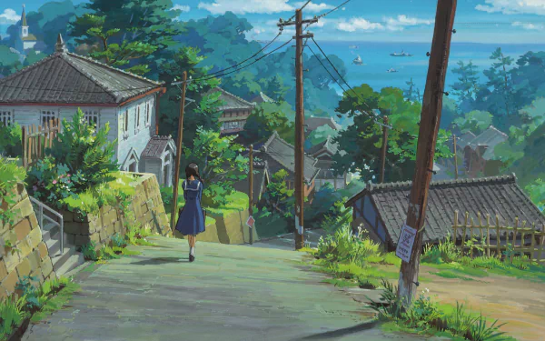 HD desktop wallpaper from From Up On Poppy Hill featuring a girl walking down a quaint street with a scenic view of the ocean and greenery.