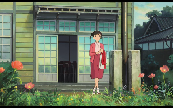 HD desktop wallpaper from From Up On Poppy Hill featuring a female character standing by a house surrounded by poppies.
