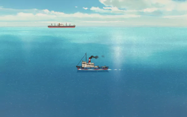 HD wallpaper from From Up On Poppy Hill featuring a calming seascape with a boat and a ship.