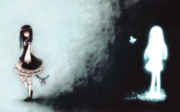 A dark, atmospheric HD wallpaper featuring a vampire character from Umineko: When They Cry, alongside a glowing figure and a butterfly, blending fantasy with intrigue.