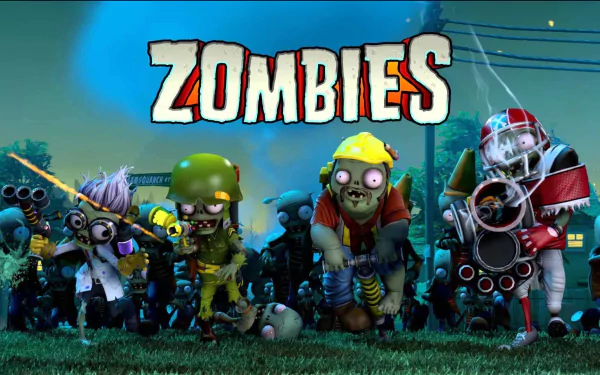 HD desktop wallpaper featuring Foot Soldier Zombie, Engineer Zombie, All-Star Zombie, and Scientist Zombie from the video game Plants vs. Zombies: Garden Warfare. The word Zombies is prominently displayed above.